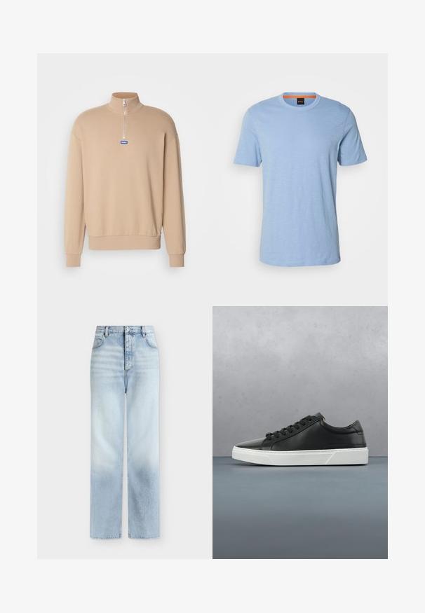 Beige Zip-Hoodie mit hohem Kragen, langen Ärmeln und einem blauen Logopatch. Weicher Stoff mit gerippten Bündchen und Saum.; Hellblaues T-Shirt mit kurzen Ärmeln aus weichem Material. Es verfügt über einen Rundhalsausschnitt und ein dezentes, eingeprägtes Logo auf der Brust.; Hellblaue, hoch taillierte Jeans mit geradem Bein, Fronttaschen, Gürtelschlaufen und einem Knopfverschluss.; Schwarze Leder-Sneaker mit runder Zehenpartie, strukturiertem Obermaterial, weißer Gummisohle und schwarzen Schnürsenkeln. Minimalistisches Design mit schlankem Profil.