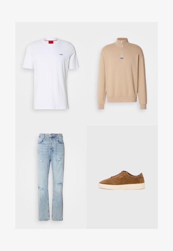 Sudadera beige con cremallera y cuello alto, mangas largas, y un parche de logo azul. Tela suave con puños y dobladillo de canalé.; Camiseta de algodón blanca de mangas cortas, con un escote redondo y pequeño logo negro "HUGO" en el lado izquierdo del pecho. Presenta una etiqueta en el cuello interior de color rojo.; Jeans de mezclilla de lavado claro con un corte relajado, que presentan áreas desgastadas y bordes deshilachados. La tela tiene una textura suave y lisa.; Zapatilla de ante marrón con punta redondeada, suela de goma crema y cordones tonales. Presenta un logo en relieve en el lateral y un panel trasero liso.