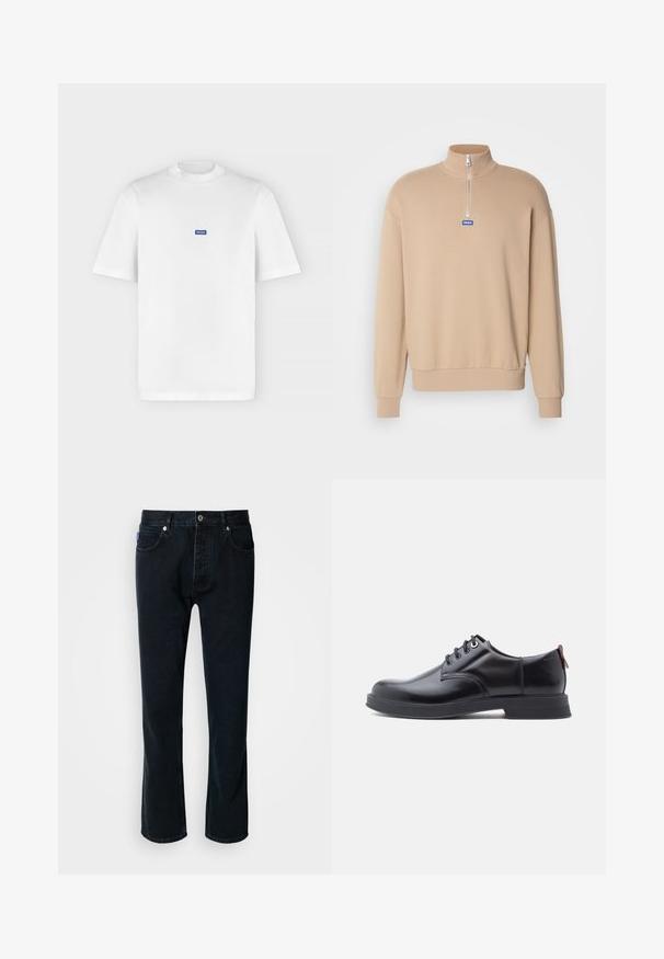 Sweat à zip beige avec un col montant, des manches longues et un patch logo bleu. Tissu doux avec des poignets et un ourlet côtelés.; T-shirt blanc à manches courtes et col rond avec un petit logo rectangulaire bleu "HUGO" centré sur la poitrine.; HUGO JONAH - Jean droit - dark blue; Chaussures en cuir noir à lacets avec une texture lisse, un bout arrondi et des détails de couture discrets. Présentent une languette rouge à l'arrière.