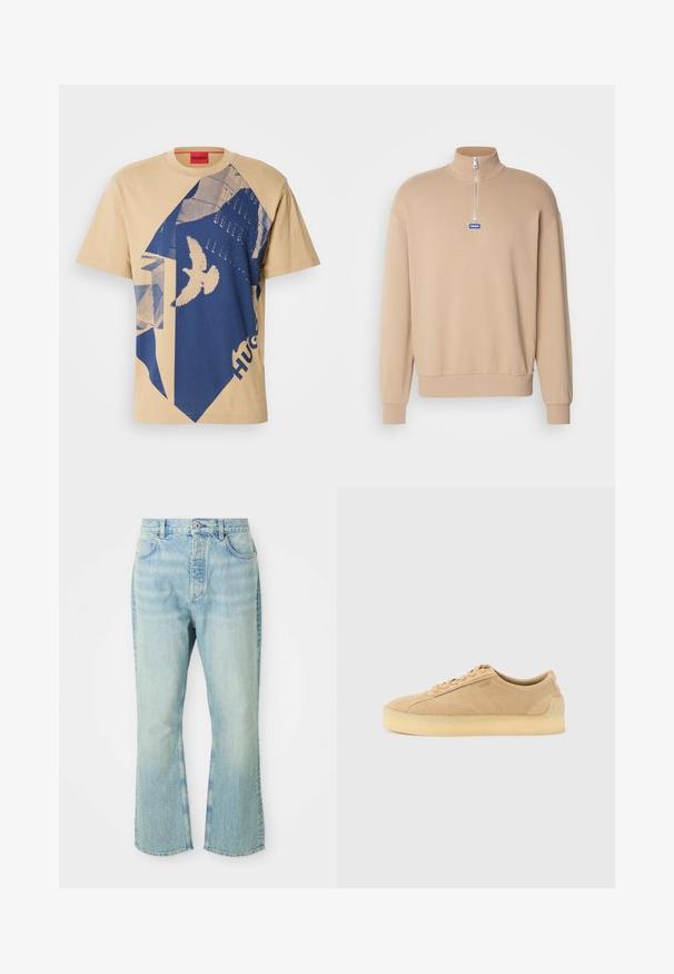 Sudadera beige con cremallera y cuello alto, mangas largas, y un parche de logo azul. Tela suave con puños y dobladillo de canalé.; Camiseta de algodón beige con un patrón geométrico azul y un diseño de ave. Etiqueta roja con "HUGO" en el cuello. Mangas cortas, cuello redondo.; Jeans de mezclilla de color azul claro, acampanados y de cintura alta, con cinco bolsillos, trabillas para el cinturón y un acabado desgastado.; Zapatilla baja de ante beige con suela gruesa de goma, cierre delantero de cordones y sutil marca lateral sobre un fondo gris claro liso.
