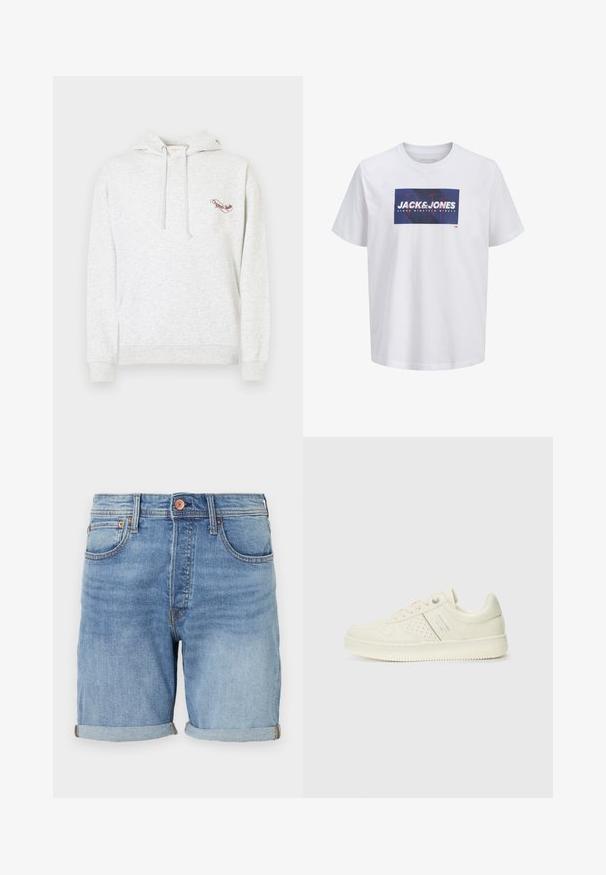 Grauer Baumwoll-Hoodie mit Kängurutasche, Kapuze mit Kordelzug und gesticktem Logo auf der Brust. Weiche Textur, lässiges Design und gerippte Bündchen.; Weißes T-Shirt mit kurzen Ärmeln und einem blauen rechteckigen Logo auf der Brust mit der Aufschrift "JACK & JONES" und "SEIT NEUNZEHNHUNDERTNEUNZIG."; Hellblaue Denim-Shorts mit klassischem Schnitt, umgeschlagenem Saum, Fronttaschen und Kupferknopf-Details. Weicher Stoff und lässiges Design.; Cremefarbene Sneaker mit perforierten Details, Schnürsenkeln und Logo an der Seite, vor einem schlichten weißen Hintergrund präsentiert.