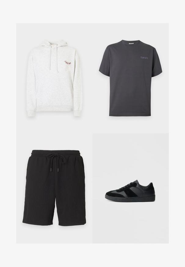 Sweat à capuche en coton gris avec une poche kangourou, une capuche à cordon de serrage et un logo brodé sur la poitrine. Texture douce, design décontracté et poignets côtelés.; T-shirt en coton à manches courtes gris foncé avec un petit logo violet "Ramen" sur la poitrine gauche et un col rond.; Shorts en maille côtelée noire avec ceinture élastique et cordon, coupe droite et poches latérales.; Baskets noires combinant cuir lisse et daim, avec une semelle en caoutchouc noire texturée et un détail de rayures discrètes.