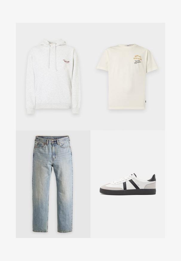 Sweat à capuche en coton gris avec une poche kangourou, une capuche à cordon de serrage et un logo brodé sur la poitrine. Texture douce, design décontracté et poignets côtelés.; T-shirt blanc à manches courtes avec un petit texte jaune et noir sur la poitrine gauche indiquant "REPLAY OFFICINA Servizio Riparazioni."; Jean en denim bleu clair à taille haute, avec bouton avant, fermeture éclair et design à cinq poches, posé à plat sur un fond neutre.; Baskets blanches avec des accents noirs et gris, présentant un embout texturé gris, une semelle en caoutchouc noir et des lacets plats blancs. Design épuré, style minimaliste.