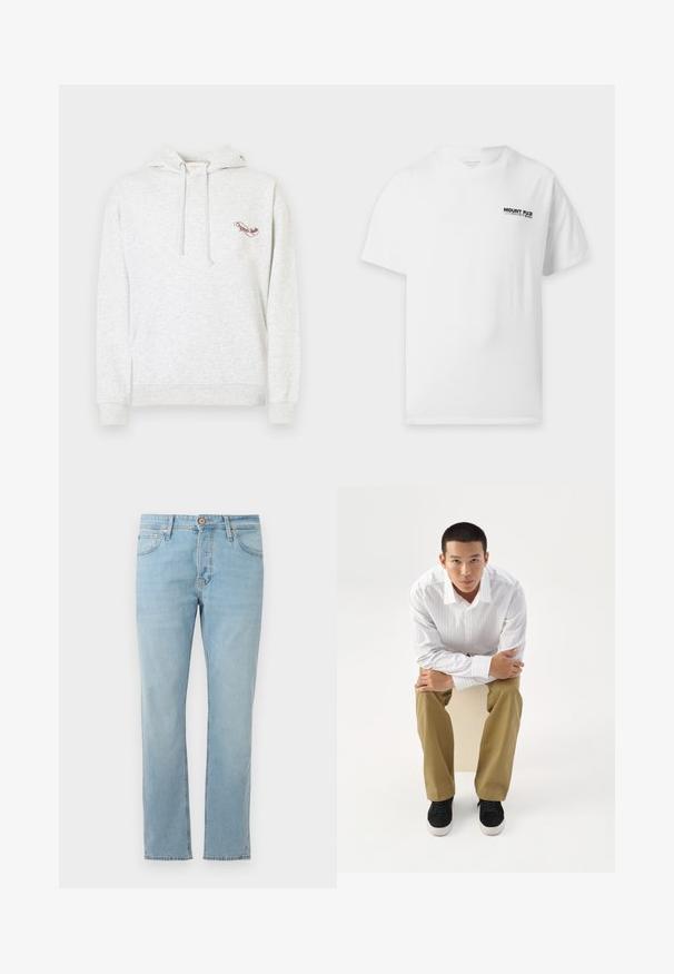 Grauer Baumwoll-Hoodie mit Kängurutasche, Kapuze mit Kordelzug und gesticktem Logo auf der Brust. Weiche Textur, lässiges Design und gerippte Bündchen.; Weißes kurzärmeliges T-Shirt mit kleinem schwarzen Schriftzug „Mount Fuji“ und japanischen Zeichen auf der linken Brust.; Hellblaue Jeans aus Denim mit geradem Schnitt, fünf Taschen und einem Knopfverschluss an der Taille, flach auf einem weißen Hintergrund ausgelegt.; Junger Mann in weiß gestreiftem Hemd und khakifarbener Hose sitzt nach vorne gelehnt auf einem Hocker mit verschränkten Armen und schaut direkt geradeaus vor weißem Hintergrund.