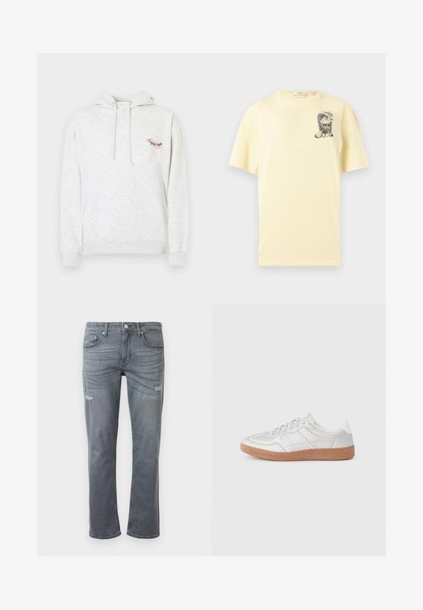 Grauer Baumwoll-Hoodie mit Kängurutasche, Kapuze mit Kordelzug und gesticktem Logo auf der Brust. Weiche Textur, lässiges Design und gerippte Bündchen.; Hellgelbes kurzärmeliges T-Shirt mit einer kleinen Grafik eines Cocktailglases, Zitronenscheiben und dem Text "Replay club 81" auf der Brust.; Graue Denim-Jeans mit geradem Bein, leichtem Distressing an den Knien und klassischem Fünf-Taschen-Design. Knopfverschluss an der Taille.; Silberne Sneakers mit glatter Textur, Schnürdesign, durchbrochenen Akzenten und einer strukturierten braunen Gummisohle.