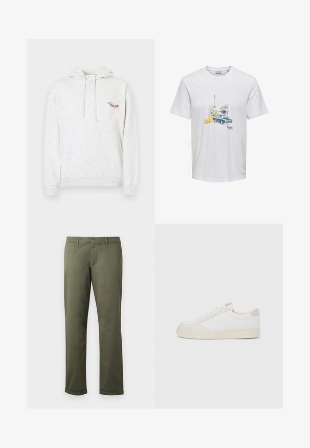 Sweat à capuche en coton gris avec une poche kangourou, une capuche à cordon de serrage et un logo brodé sur la poitrine. Texture douce, design décontracté et poignets côtelés.; T-shirt blanc avec impression de la Tour Eiffel, voiture ancienne, boisson orange avec fleur et texte « Parisien Lifestyle » au centre devant.; Pantalons en coton vert olive avec une coupe droite, ourlets retroussés, poches avant et fermeture à bouton. Texture lisse avec des détails de couture subtils.; Baskets blanches avec une tige en toile texturée, des accents beiges lisses au niveau du talon, et une semelle en caoutchouc. Elles présentent un bout arrondi et un design à lacets.