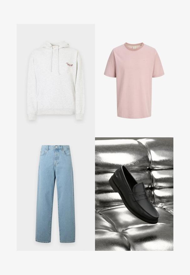 Grå bomulds-hoodie med kængurulomme, snoretræk til hætten og broderet logo på brystet. Blød tekstur, afslappet design og ribbede ærmegab.; Lys pink kortærmet T-shirt med rund hals, med et lille hvidt logo på venstre bryst og et enkelt, ensfarvet design.; Lyseblå vide jeans lavet af denim, med frontknaplukning, traditionelt fem-lommer design og en afslappet pasform.; Svarte læderloafers med en glat tekstur, der har syningsdetaljer og et klassisk design, vist mod en metallisk, skinnende baggrund.