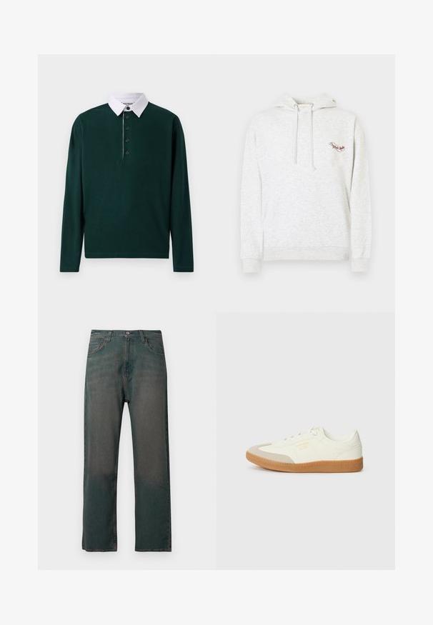 Sweat à capuche en coton gris avec une poche kangourou, une capuche à cordon de serrage et un logo brodé sur la poitrine. Texture douce, design décontracté et poignets côtelés.; Polo shirt à manches longues de couleur vert foncé avec un col classique blanc, présentant six boutons sur le devant et une texture lisse et douce.; Jean en denim vert foncé avec une coupe droite, doté d'un design classique à cinq poches et de coutures contrastantes le long des coutures.; Baskets en cuir blanc avec une coque beige et une semelle en caoutchouc marron clair. Dotées de lacets blancs plats et d'un logo embossé sur le côté.