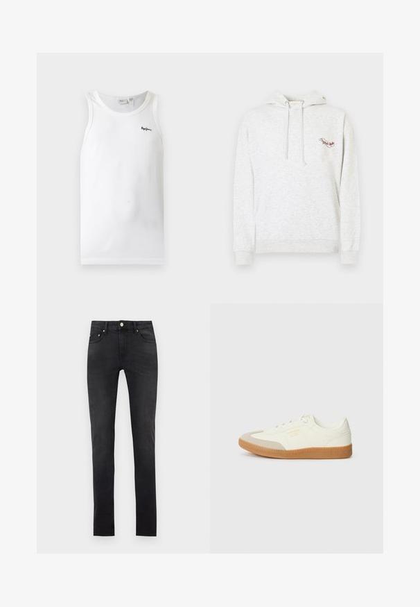 Sweat à capuche en coton gris avec une poche kangourou, une capuche à cordon de serrage et un logo brodé sur la poitrine. Texture douce, design décontracté et poignets côtelés.; Débardeur blanc côtelé sans manches avec encolure arrondie et petit logo noir brodé sur la poitrine gauche.; Jean noir slim fit avec design à cinq poches, bouton à l'avant et passants pour ceinture, présenté sur un fond clair uni.; Baskets en cuir blanc avec une coque beige et une semelle en caoutchouc marron clair. Dotées de lacets blancs plats et d'un logo embossé sur le côté.