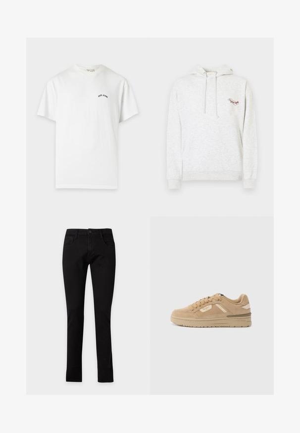 Sweat à capuche en coton gris avec une poche kangourou, une capuche à cordon de serrage et un logo brodé sur la poitrine. Texture douce, design décontracté et poignets côtelés.; T-shirt blanc à manches courtes col rond avec petit texte noir "Pepe Jeans" sur la poitrine gauche.; Jean slim noir avec design cinq poches, fermeture par bouton et fermeture éclair, présenté à plat sur fond blanc.; Baskets en daim beige avec bout rond, fermeture à lacets et col rembourré. Elles présentent une semelle intermédiaire texturée et des accents de marque subtils sur le côté.