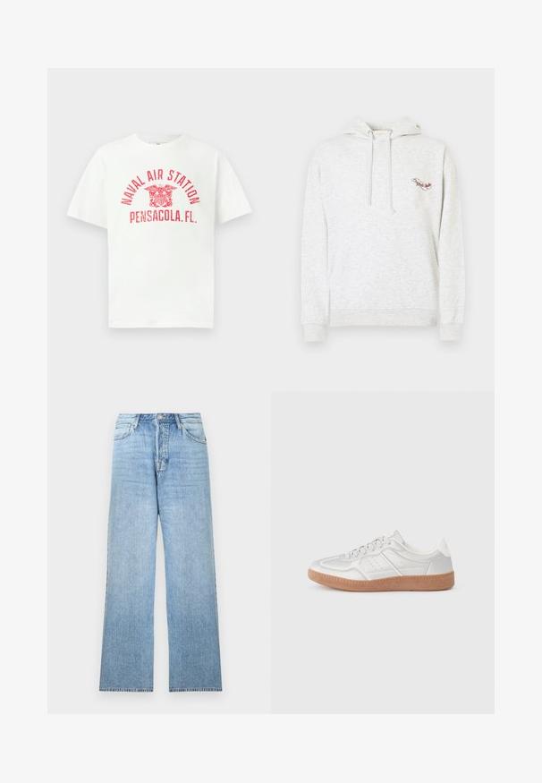 Grå bomulds-hoodie med kængurulomme, snoretræk til hætten og broderet logo på brystet. Blød tekstur, afslappet design og ribbede ærmegab.; Hvid T-shirt med korte ærmer med rød tekst "NAVAL AIR STATION PENSACOLA, FL." og et ørneemblem i midten foran.; Lyseblå denimjeans med lige ben, lukning med øverste knap, fem-lommer-design og frynset kant.; Sølv sneakers med en glat overflade, snørebånd, perforerede detaljer og en struktureret brun gummi sål.