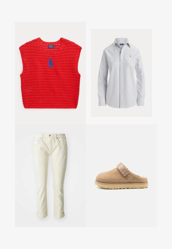 Chaleco de punto sin mangas rojo con patrón de tejido abierto y logo Polo Ralph Lauren azul bordado en el pecho.; Camisa blanca con botones, con finas rayas verticales azules, mangas largas, cuello puntiagudo y pequeño logo bordado en el pecho.; Jeans de mezclilla beige con un diseño ajustado, que presentan cinco bolsillos, una bragueta con cremallera y puños enrollados para un acabado recortado.; Zueco de ante en beige con parte superior texturizada, correa ajustable y una suela de goma robusta con un patrón de tacos para un mejor agarre.
