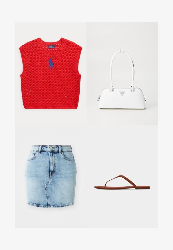 Rode mouwloze gebreide vest met open geweven patroon en blauw geborduurd Polo Ralph Lauren-logo op de borst.; Lichtblauwe denimrok met een aansluitende pasvorm, vijf zakken, een knoop- en ritssluiting en gestikte details langs de zoom.; Bruine platte sandaal met dunne zool en minimalistisch teenriemontwerp op een effen lichte achtergrond.; Witte leren handtas met een gebogen vorm, voorzien van een zilveren driehoekig logo en ritssluiting. Gladde textuur en dubbele handvaten.