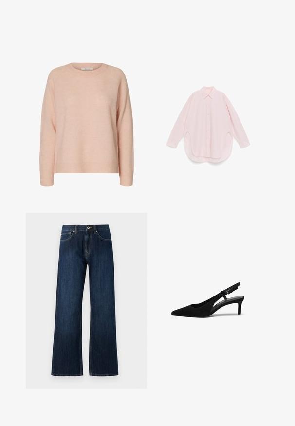 Zacht lichtroze wollen trui met lange mouwen, ronde hals en geribbelde manchetten en zoom.; Lichtroze, langwerpige blouse; heeft een klassieke kraag, knoopsluiting en een afgeronde zoom met zijslits. Zachte stof met een gladde textuur.; Wijdvallende donkerblauwe spijkerbroek van denim, met een rits, knoopsluiting en twee voorzakken met contrasterende stiksels.; Zwarte suède slingback schoen met een puntige neus, lage hak, open zijkant en verstelbare band met een metalen gespsluiting. Glad textuur.