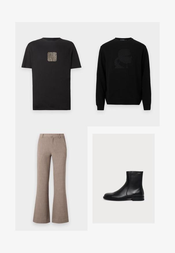 Schwarzer Pullover mit rundem Ausschnitt, ausgestattet mit einem erhabenen schwarzen Silhouetten-Design auf der Vorderseite, aus einem weichen, strukturierten Stoff.; Schwarzes Baumwoll-T-Shirt mit einem quadratischen, goldenen, mit Nieten besetzten Design auf der Vorderseite. Kurze Ärmel, Rundhalsausschnitt und entspannter Schnitt.; Beige ausgestellte Hosen aus einem strukturierten Stoff, mit einem Reißverschluss und seitlichen Taschen für Funktionalität. Maßgeschneiderter Schnitt.; Schwarzer, glatter Lederknöchelstiefel mit niedrigem Absatz und seitlichem Reißverschluss, mit Hugo nahe dem oberen Rand beschriftet.