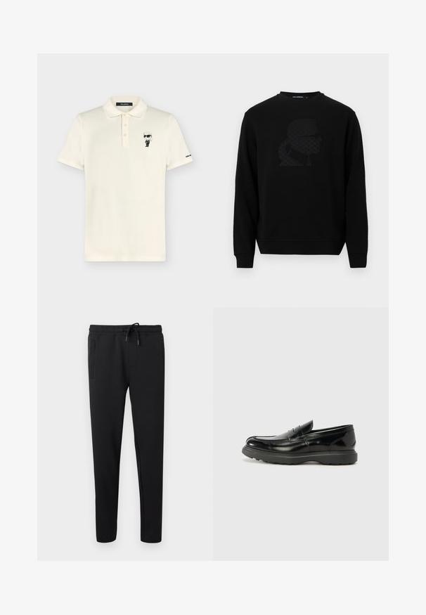 Sweatshirt noir avec un col rond, arborant un design en silhouette noire en relief sur le devant, fabriqué dans un tissu doux et texturé.; Polo à manches courtes crème avec trois boutons, petite figurine de dessin animé en costume noir et lunettes de soleil brodée sur la poitrine.; Pantalon de jogging noir à coupe slim avec taille élastique, cordon de serrage et poches latérales, présenté sur un fond clair uni.; Mocassin en cuir noir avec une finition brillante, bout arrondi, détails de couture subtils et semelle en caoutchouc épaisse pour la durabilité.