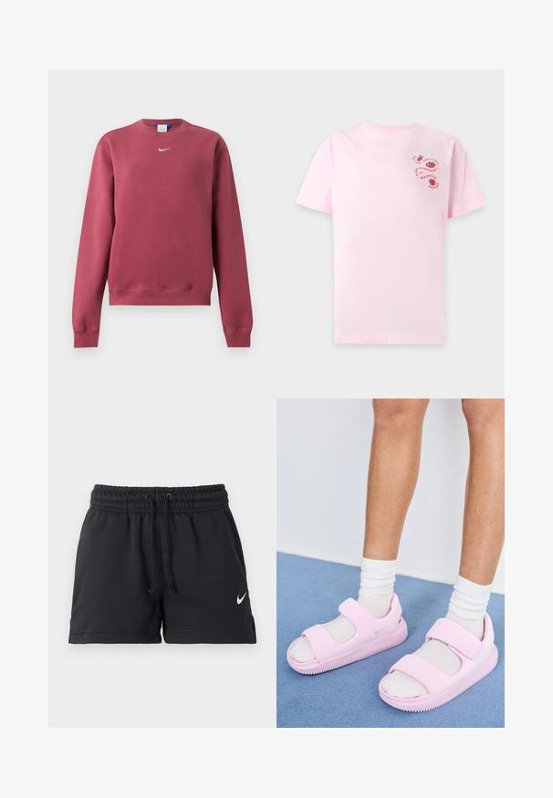 Mikina s dlhým rukávom a okrúhlym výstrihom v tlmenej červenej farbe s rebrovanými manžetami a lemom, s malým bielym logom Nike Swoosh na hrudi.; Svetloružové tričko s krátkym rukávom s malými červenými grafickými motívmi paradajok a kruhovým textom v hornej ľavej časti hrudníka.; Čierne športové šortky Nike s elastickým pásom, šnúrkou, bočnými vreckami a bielym logom Swoosh na ľavej nohe.; Ružové športové sandále so širokým popruhom a otvoreným prstom, vyrobené z mäkkého materiálu, s textúrovanou podrážkou pre lepšiu priľnavosť.