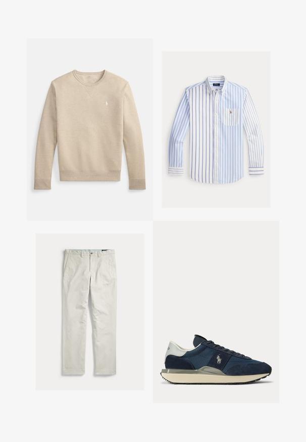 Beige Sweatshirt mit rundem Ausschnitt, langen Ärmeln und gerippten Bündchen. Verfügt über ein kleines Logo auf der linken Brust und eine weiche Stoffstruktur.; Herren-Langarmhemd mit Knopfleiste, vertikal verlaufenden weißen, hellblauen und marineblauen Streifen, Brusttasche und Polo Ralph Lauren-Logo.; Hellbeige gerade Hose mit Eingrifftaschen, Gürtelschlaufen und Knopfverschluss, flach auf weißem Hintergrund dargestellt.; Marineblauer und weißer Sneaker mit Velours- und Stoffeinsätzen, weißem Logo an der Seite, weißem Fersenlaschen und beiger Sohle mit schwarzer Laufsohle.