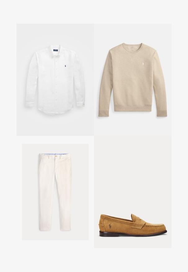 Sweatshirt beige avec un col rond, des manches longues et des poignets côtelés. Présente un petit logo sur la poitrine gauche et une texture de tissu douce.; Chemise blanche à manches longues en coton avec un col boutonné, affichant un petit logo marine sur la poitrine gauche et un système de fermeture classique par boutons.; Pantalon slim fit pour homme de couleur blanc cassé avec poches avant, passants de ceinture et fermeture à bouton sur un fond uni.; Mocassin en daim fauve avec détails cousus et petit logo brodé de cheval sur le côté, avec un petit talon en bois et design sans lacets.