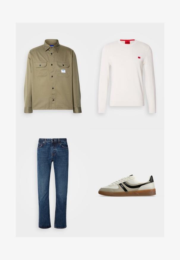 Pull en col rond blanc avec des manches longues, fabriqué en tissu doux. Il présente un petit patch logo rouge sur la poitrine et une étiquette rouge contrastante sur le col.; Chemise olive en tissu lisse avec boutons, dotée de deux poches poitrine, de boutons noirs et d'une étiquette de marque bleue et blanche.; Jean en denim bleu pour homme avec une coupe droite, taille standard, style à cinq poches et décoloration subtile au niveau des cuisses.; Baskets basses blanches et beiges avec détail de rayure noire, semelle en caoutchouc marron et logo BOSS sur le côté, photographiées sur fond blanc.