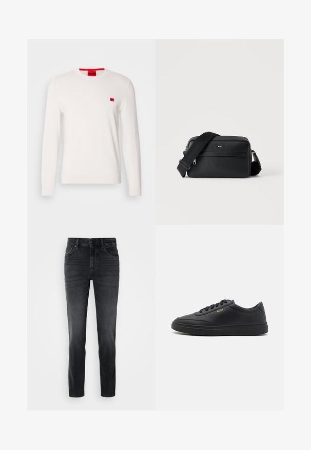 Witte crewneck sweater met lange mouwen, gemaakt van zachte stof. Beschikt over een klein rood logo-label op de borst en een contrasterend rood label aan de halslijn.; Zwarte denim jeans met een slim fit, voorzien van een middelhoge taille, klassiek vijf-pocket ontwerp en subtiele vervaging op de benen.; Zwarte leren sneakers met een gladde textuur, ronde neus, platte rubberen zool en tonale veters. Kenmerkt zich door de gouden "BOSS" branding aan de zijkant.; Zwarte gestructureerde leren crossbodytas met voorvak met ritssluiting en verstelbare brede stoffen schouderband op een witte achtergrond.