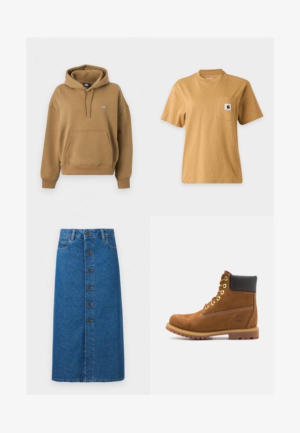 Brauner Pullover mit Kapuze, Front-Kängurutasche, Kordelzug an der Kapuze, gerippten Bündchen und Saum, mit einem kleinen Dickies-Logo-Patch auf der Brust.; Schlichtes braunes kurzärmeliges T-Shirt mit einer Brusttasche, die einen quadratischen Markenlogo-Patch zeigt, dargestellt auf einem einfachen hellen Hintergrund.; Blauer Jeans-Midirock mit Knopfleiste vorne, Gürtelschlaufen und Seitentaschen, auf einfachem weißem Hintergrund dargestellt.; Braune Wildleder-Stiefelette mit schwarzem gepolstertem Kragen, goldenen Ösen, Schnürung an der Vorderseite und Gummisohle mit strukturiertem Muster.