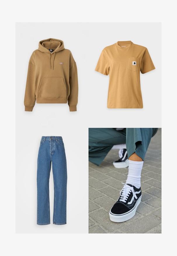 Brun pullover-hoodie med frontlomme (kængurulomme), snøretræk i hætten, ribstrikkede manchetter og kant samt et lille Dickies-logo på brystet.; Enkelt brun kortærmet t-shirt med en brystlomme med en firkantet mærkelogo-patch, vist på en ensartet lys baggrund.; Højtaljede, lige ben blå jeans med en falmet finish. Har fem lommer, en knaplukning og subtile stikninger.; Sorte ruskinds sneakers med hvide accenter og snørebånd, der har en tyk hvid sål og kontrasterende syninger, parret med en hvid sok.