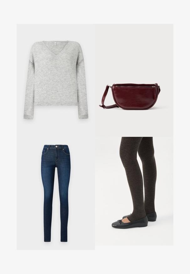 Grå v-hals sweater lavet af blødt materiale, med en afslappet pasform og prydet med små sølvfarvede pailletter over hele stoffet.; Skinny jeans lavet af mørkeblåt denim, der har et klassisk fem-lomme design, bæltehalser og en metalknap i taljen.; Ben iført mørke ribbede leggings kombineret med sorte balletsko med små sløjfedetaljer på hvid baggrund.; Vinrød læderhåndtaske med halvmåneform, lynlås og aftagelig rem. Glat tekstur med en subtil glans.