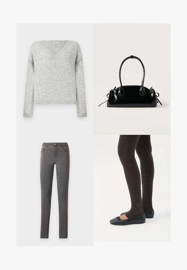 Pull gris en V en matériau doux, avec une coupe décontractée et agrémenté de petits sequins argentés sur tout le tissu.; Jean skinny en denim gris avec une coupe ajustée, style cinq poches et une fermeture à bouton métallique unique au niveau de la taille.; Jambes portant des leggings côtelés foncés associés à des ballerines noires avec de petits détails en nœud sur fond blanc.; Petit sac à main noir brillant avec deux longues anses et des détails à cordon sur les côtés sur un fond clair uni.