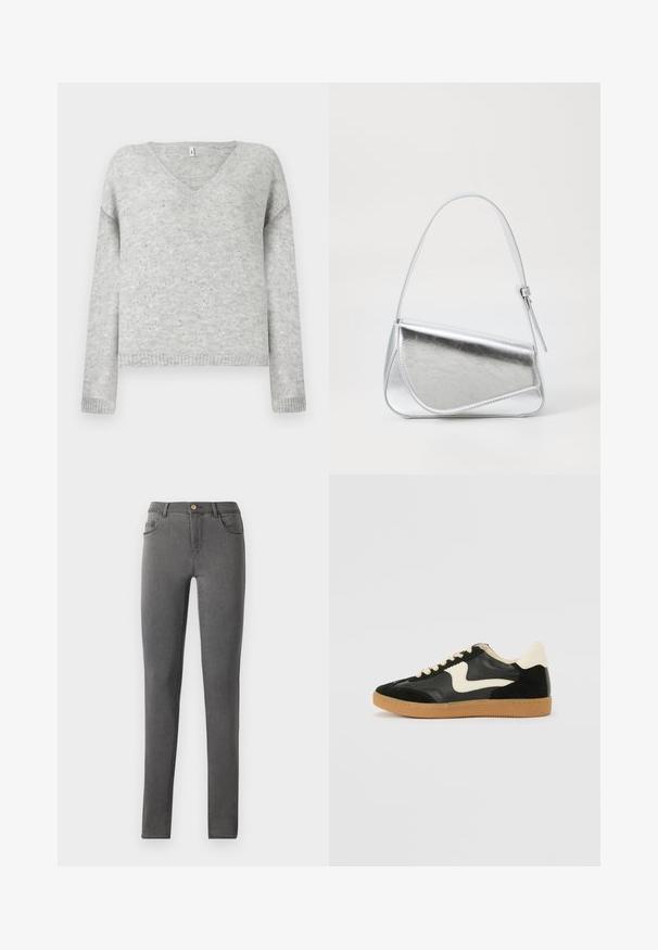 Grijze v-hals trui van zacht materiaal, met een ontspannen pasvorm en versierd met kleine zilveren pailletten door de stof.; Grijze denim skinny jeans met een nauwsluitend ontwerp, vijf zakken en een enkele metalen knoopsluiting bij de taille.; Zwarte suède en leren sneaker met een crèmekleurige zij-swoosh en lichte crèmekleurige hiel. Voorzien van beige veters en een gumrubberen zool.; Zilveren metalen handtas met een driehoekige vorm, gladde textuur en een dunne, verstelbare schouderriem. Kenmerkt zich door een omklapbaar ontwerp met stiksels.