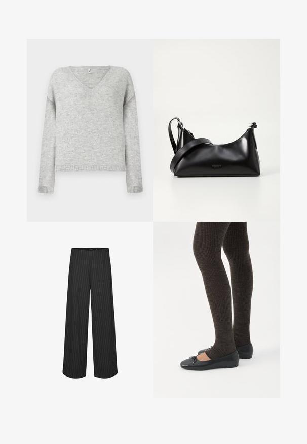 Pull gris en V en matériau doux, avec une coupe décontractée et agrémenté de petits sequins argentés sur tout le tissu.; Pantalons larges noirs à rayures verticales blanches, présentant une coupe ajustée et une texture lisse. Pas de poches ni de matériel visible.; Jambes portant des leggings côtelés foncés associés à des ballerines noires avec de petits détails en nœud sur fond blanc.; Sac à main en cuir noir avec une texture lisse. Dispose d'une bandoulière adjustable et d'un design élégant et minimaliste avec une fermeture éclair.
