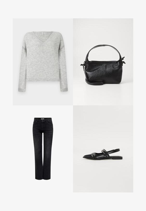 Grå v-hals sweater lavet af blødt materiale, med en afslappet pasform og prydet med små sølvfarvede pailletter over hele stoffet.; ONLY BLUSH MID STRAIGHT NOOS - Jeans Straight Leg - washed black; Even&Odd by Zalando Slingback-ballerinasko - black; Sort læderhåndtaske med et struktureret design, rund tophåndtag og aftagelig skulderrem. Den har en glat tekstur og en subtil glans.