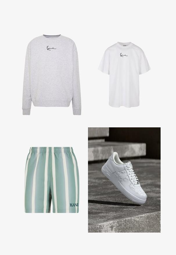 Grå sweatshirt lavet af blød stof, med rund hals, lange ærmer og et minimalistisk sort signaturdesign på brystet.; Hvid bomuld t-shirt med rund hals og korte ærmer, med et sort broderet logo centreret på brystet.; Mintgrønne badshorts med hvide lodrette striber. Har elastisk talje og broderet 'KANI' logo i mørkegrøn. Glat tekstur.; Hvid Nike Air Force 1 sneaker med prægede stjernemønstre og en metallisk stjerne snørebåndsvedhæng, der svæver over en betongulv.