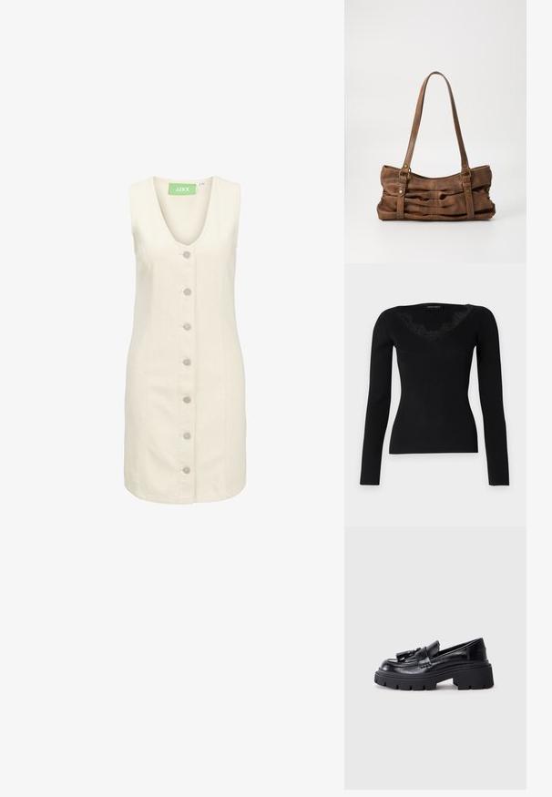 Zwarte langemouwen rib gebreide top met een V-hals en kanten accenten. De stof voelt glad en aansluitend aan, geschikt voor gelaagde looks.; Crème-kleurige denim jurk met een V-hals, mouwloos ontwerp en vijf zilveren knopen aan de voorkant. Geaccentueerd met een groen label.; Zwarte leren instappers met een chunky, gekartelde zool, voorzien van een decoratieve kwast aan de voorkant en een gladde, glanzende textuur.; Even&Odd Handtas - brown