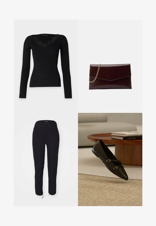 Haut noir à manches longues en maille côtelée avec un décolleté en V orné de dentelle. La texture du tissu semble lisse et ajustée, idéale pour des looks superposés.; Pantalon noir avec une texture lisse, présentant un design ajusté, une taille élastique, deux poches et des poignets ajustables avec cordons de serrage.; Chaussure plate noire à bout pointu avec deux fines brides à boucle flottant au-dessus d'un tapis beige, avec une table basse en bois et des livres en arrière-plan.; Sac à main en cuir de couleur bordeaux foncé avec un design en forme d'enveloppe. Il dispose d'une anse en chaîne dorée, d'une texture lisse et d'une fermeture en pointe.