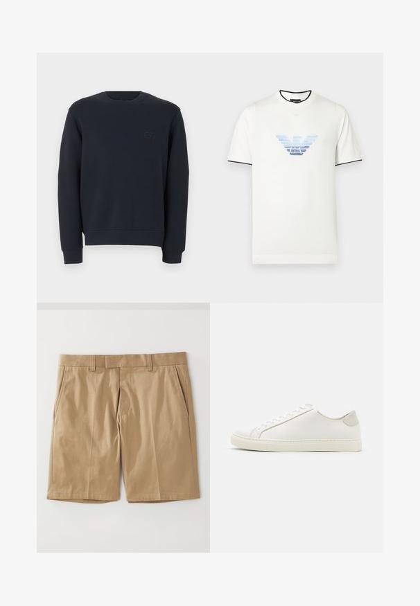 Donker marineblauwe sweatshirt met ronde hals, lange mouwen en een klein geborduurd logo op de linkerborst, weergegeven op een witte achtergrond.; Witte T-shirt met korte mouwen en een blauwe gradient adelaar-logo. Zwarte accenten op de kraag en mouwen. Zacht katoenen materiaal. Eenvoudig ontwerp.; Khaki shorts met een soepele, geweven textuur, voorzien van twee zijzakken en een rechte snit, ontworpen met een platte tailleband en riemlussen.; Witte leren sneaker met een gladde oppervlakte, ronde neus en minimalistisch ontwerp. Heeft beige accenten op de hiel en een rubberen zool.