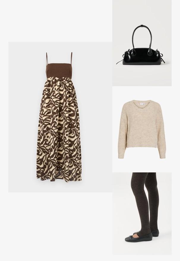 Beige strikket sweater med V-hals og lange ærmer. Har et tekstureret mønster og en cropped pasform. Lavet af blødt, varmt materiale.; Brun og off-white trykt maxi-kjole med tætsiddende top, tynde stropper og udsvungne skirt, der har organisk bladmønster.; Ben iført mørke ribbede leggings kombineret med sorte balletsko med små sløjfedetaljer på hvid baggrund.; Lille sort blank håndtaske med to lange håndtag og snøre-detaljer i siden på en ensfarvet lys baggrund.