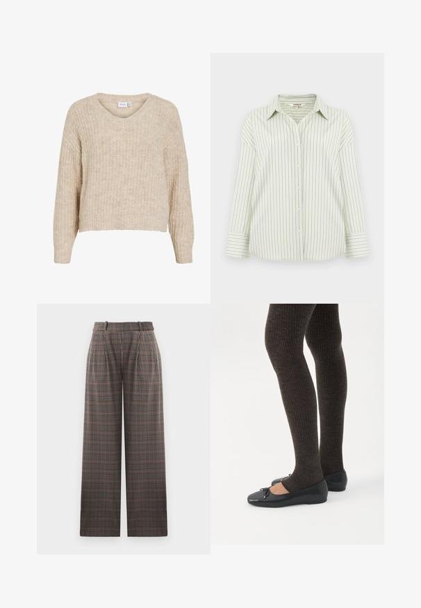 Jersey beige de punto con cuello en V y mangas largas. Presenta un patrón texturizado y un corte corto. Hecho de un material suave y cálido.; Camisa de botones verde claro con finas rayas verticales azules marinas, mangas largas y cuello puntiagudo, extendida sobre un fondo neutro.; Pantalones de cuadros con diseño de pierna ancha, que presentan pliegues, una cintura alta y una mezcla de colores marrón, negro y azul claro.; Piernas con leggings oscuros acanalados combinados con bailarinas negras que presentan pequeños detalles de lazo sobre un fondo blanco.
