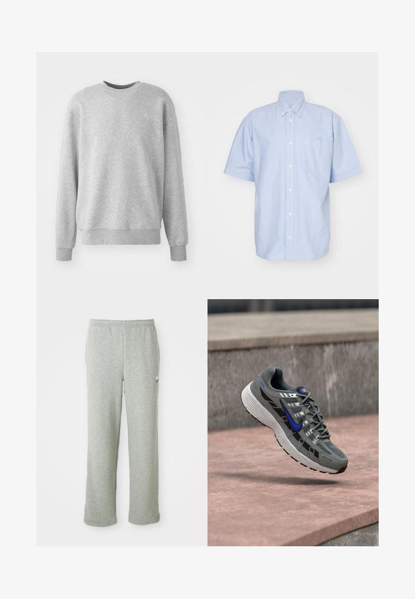 Hall kootud hall sweatshirt pehmest kangast, millel on ümar kaelus, soonikkoes varrukad ja hem, ning esiküljel on peene logoga aktsent.; Heleda sinine lühikeste varrukatega nööbiga särk puuvillast kangast. Omab kraed ja esi-taskut. Lihtne, ühevärviline disain.; Hallid hallid dressipüksid, mis on valmistatud pehmest puuvilla ja sünteetiliste kiudude segust, millel on elastne vöökoht, sirge säärekujundus ja väike logo vasakul küljel.; Halli ja musta Nike jooksujalanõu sinise tähe ja valge tallaga, mis hõljub kivist pinna kohal.