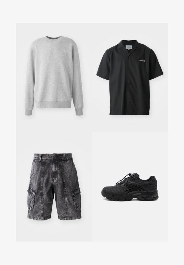 Sudadera gris hecha de una tela suave, con cuello redondo, puños y dobladillo acanalados, y un sutil logo en la parte delantera.; Camisa negra de botones de manga corta con cuello de campamento, que presenta un logotipo bordado en blanco en el pecho y un corte relajado.; Pantalones cortos cargo de mezclilla negra con textura desgastada, dos bolsillos laterales y cierre de botón. Hasta la rodilla con costuras reforzadas.; Zapatilla deportiva negra con tejido texturizado, suela gruesa y acolchada, ventilaciones y cierre con cordones, mostrada de lado sobre un fondo claro.
