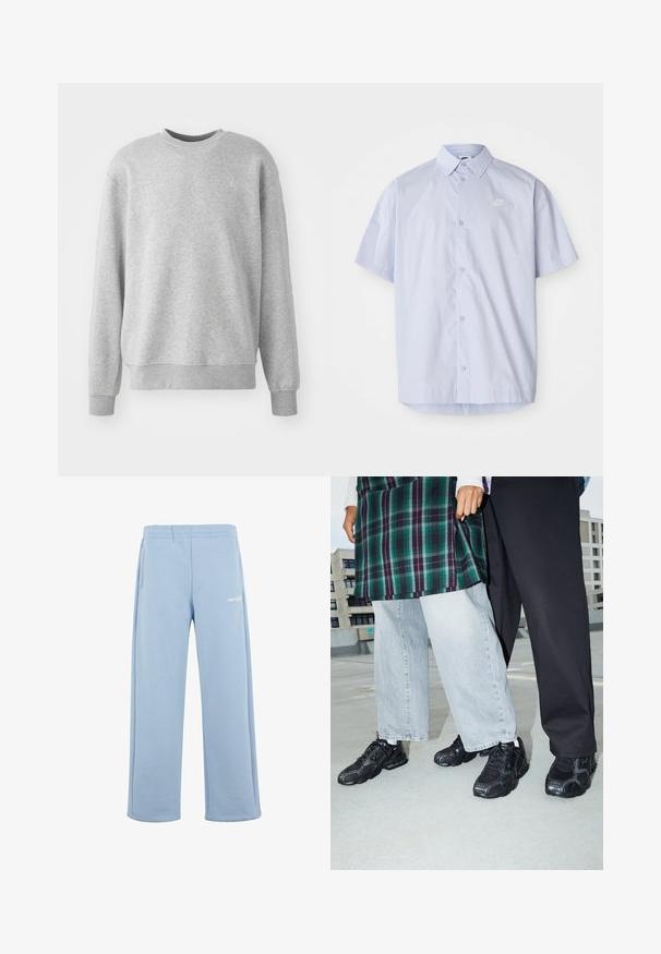 Grå sweatshirt lavet af blødt stof, har en rund halsudskæring, ribbede manchetter og kant, med en diskret logoaccent på fronten.; Lyseblå kortærmet skjorte lavet af glat stof, med knaplukning og et lille hvidt Nike-logo på brystet.; Lyseblå sweatpants fremstillet af en bomuldsblanding, med elastisk talje, sidelommer og et hvidt logo på venstre lår.; Sorte atletik sko med mesh- og gummidetaljer. Båret med lysegrå vide jeans og en ternet grøn bluse. Flad overflade i baggrunden.