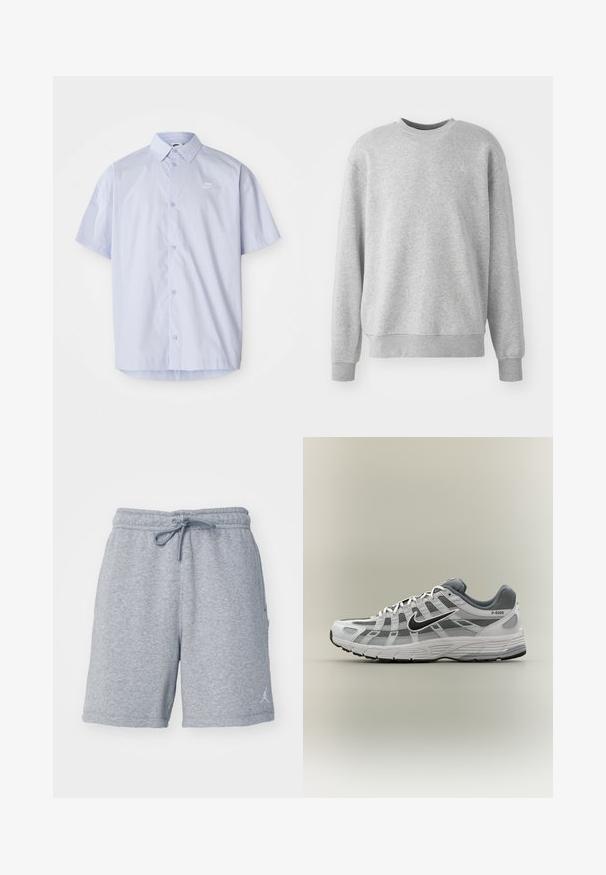 Grijze sweatshirt van zachte stof, met een ronde hals, geribde boorden en zoom, en een subtiele logo-accent op de voorkant.; Lichtblauw overhemd met korte mouwen, gemaakt van gladde stof, met een knoopsluiting en een klein wit Nike-logo op de borst.; Grijze sweatshorts gemaakt van zachte stof, met een elastische tailleband met een trekkoord en een subtiel logo op het onderste deel van het linkerpantalon.; Wit-grijze Nike P-6000 sneaker met zwarte swoosh, mesh panelen en gestructureerde zool, zijaanzicht op een neutrale achtergrond.
