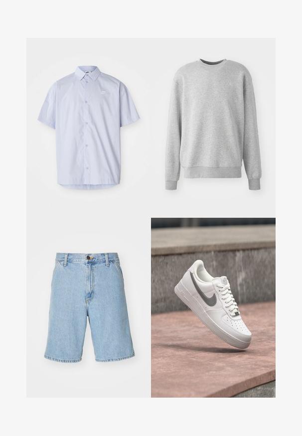 Grijze sweatshirt van zachte stof, met een ronde hals, geribde boorden en zoom, en een subtiele logo-accent op de voorkant.; Lichtblauw overhemd met korte mouwen, gemaakt van gladde stof, met een knoopsluiting en een klein wit Nike-logo op de borst.; Lichtblauwe denim shorts met een relaxte pasvorm, voorzien van een ritssluiting, knoopsluiting en vier zakken. De stof heeft een zachte textuur.; Witte Nike Air Force 1 sneaker met grijs swoosh-logo zwevend boven een stenen oppervlak en een grijze stenen muur op de achtergrond.