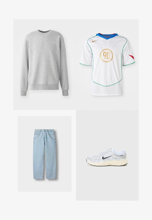 Grå sweatshirt lavet af blødt stof, har en rund halsudskæring, ribbede manchetter og kant, med en diskret logoaccent på fronten.; Hvid fodboldtrøje med grønne kanter, gyldent cirkulært '90' logo, blå krave og rødt accent på venstre ærme. Ternede mønster tekstur.; Lyseblå lige denimjeans med forlommer, bæltestropper og knaplukning på en grå baggrund.; Hvide mesh sneakers med sølvdetaljer, sort Nike swoosh, polstret krave og tekstureret sål. Har et lagdelt design for stabilitet.