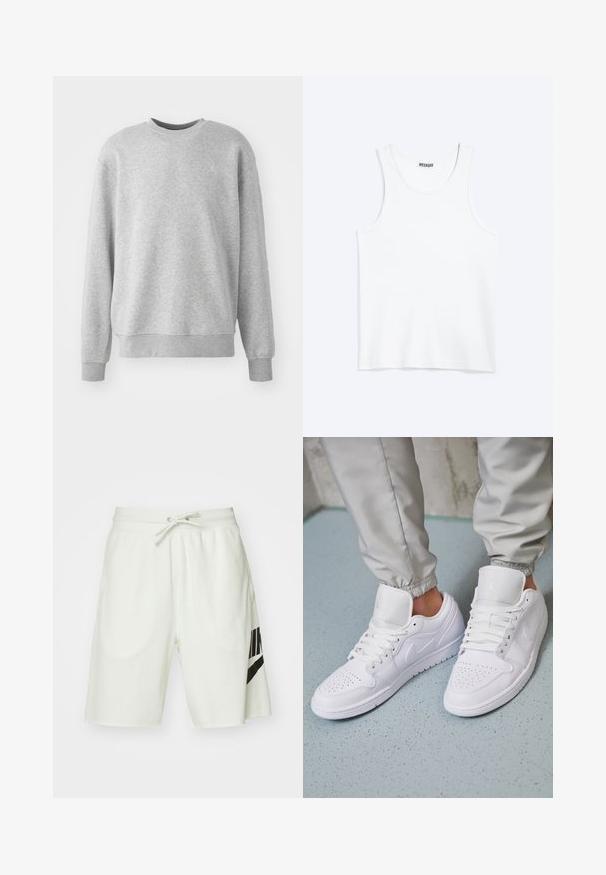 Grijze sweatshirt van zachte stof, met een ronde hals, geribde boorden en zoom, en een subtiele logo-accent op de voorkant.; Wit mouwloos hemdje met ronde hals en Weekday-merklabel aan de binnenkant van de achterkraag, plat weergegeven op een lichte achtergrond.; Lichtgrijze katoenen shorts met een elastische tailleband, een verstelbaar trekkoord en een zwart Nike-logo aan de linkerkant.; Witte leren sneakers met een geperforeerde neus, platte veters, een gepolsterde kraag en het Jordan-logo op de tong. Gediend met grijze joggers.