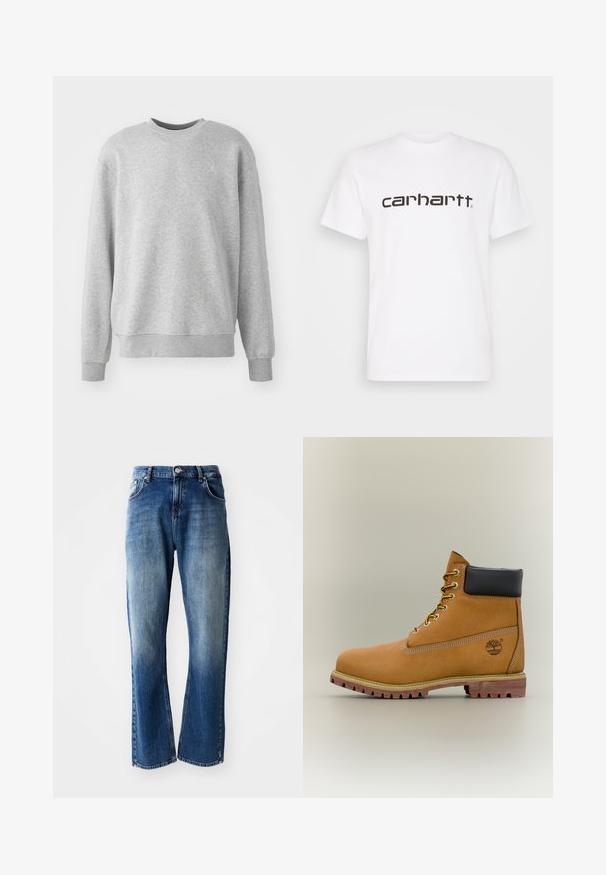 Grå sweatshirt lavet af blødt stof, har en rund halsudskæring, ribbede manchetter og kant, med en diskret logoaccent på fronten.; Hvid bomulds t-shirt med korte ærmer og rund halsudskæring. Har et stort "carhartt" logo i mørkebrun på tværs af brystet.; Denimbukser med lige ben, lyse og mørkeblå vask med falmning, fem lommer og knaplukning.; Brun læderankelstøvle med sort krave, gule snørebånd og tanfarvet sål. Har logo og hvide syninger som detalje. Robust ydersål med greb.