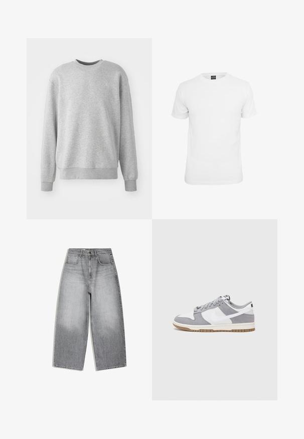 Grå sweatshirt lavet af blødt stof, har en rund halsudskæring, ribbede manchetter og kant, med en diskret logoaccent på fronten.; Hvid kortærmet t-shirt, lavet af bomuld, med en klassisk rund hals og en glat tekstur, designet til afslappet brug.; Grå højtaljede cowboybukser med vidde ben, forlommer og knaplukning vist fladt på en hvid baggrund.; Nike-sneakers har en øverste del i gråt ruskind og hvidt læder med perforeringer, runde snørebånd og en gummisål for greb.