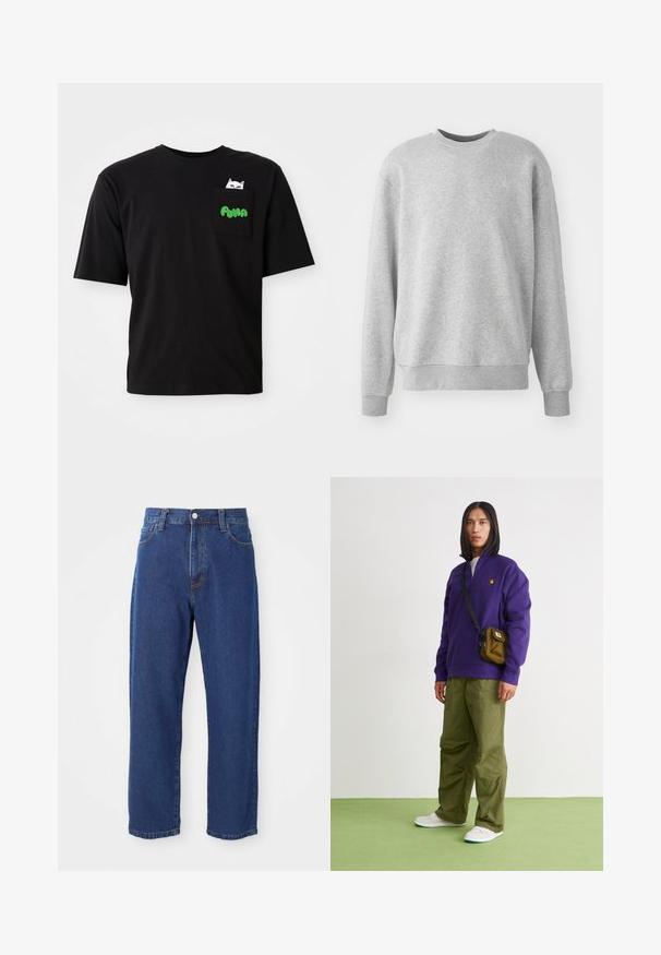 Grå sweatshirt lavet af blødt stof, har en rund halsudskæring, ribbede manchetter og kant, med en diskret logoaccent på fronten.; Sort bomulds T-shirt med korte ærmer, med en lomme med et katte-grafik og grøn "PUMA" tekst. Casual pasform og glat tekstur.; Høj taljede blå jeans i denim, med lige ben silhuet, synlige stikninger og en frontknaplukning.; Jordan AIR JORDAN 1 ZM CMFT 2 - Sneakers high - summit white/bicoastal/oxidized green