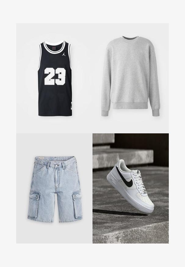 Grå sweatshirt lavet af blødt stof, har en rund halsudskæring, ribbede manchetter og kant, med en diskret logoaccent på fronten.; Sort basketballtrøje, fremstillet af mesh-stof, ærmeløs design. Har hvidt nummer "23" og accenter. Logoet er synligt øverst til venstre.; Lyseblå denim cargoshorts med knaplukning, bæltestropper, forlommer og sidelommer med klap og knapper på en grå baggrund.; Hvid Nike Air Force 1-sneaker med sort swoosh, snørebånd bundet, placeret i luften over tekstureret betonoverflade udendørs.