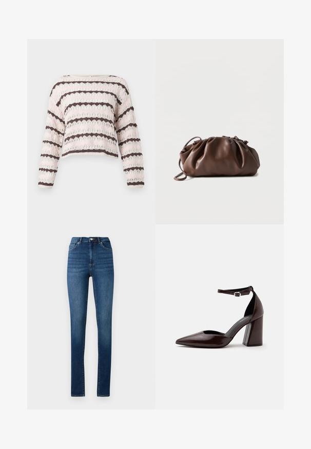 Hæklet striktrøje med lange ærmer og vandrette striber i pink, hvid og mørkebrun, med et løst hulmønster.; Høj talje skinny jeans i medium blå denim med klassisk fem-lomme design og knaplukning.; Mørkebrunt læder pumps med spids tå, høj hæl, ankelrem og sølvspænde på hvid baggrund.; Blød brun læderpung med samlet top og tynd strop, hvilende på hvid baggrund.